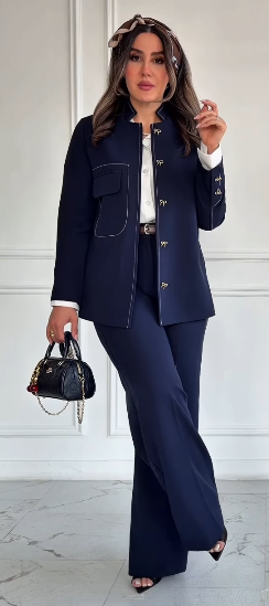 Ensemble Prestige — Blazer Nœuds Dorés & Pantalon Large